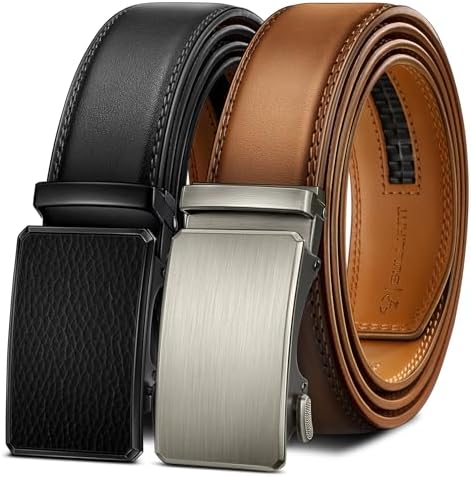 2-Pack Men Ratchet Leather Belt-Trimmable 1 3/8″