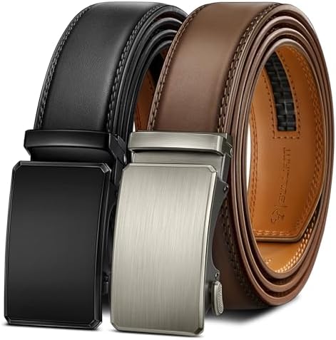 2-Pack Men Ratchet Leather Belt-Trimmable 1 3/8″