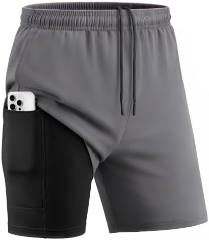 Men 2 in 1 Compression Athletic Gym Running Shorts-Zipper Pocket