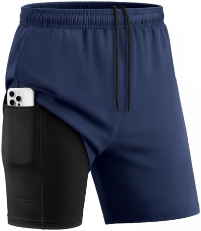 Men 2 in 1 Compression Athletic Gym Running Shorts-Zipper Pocket