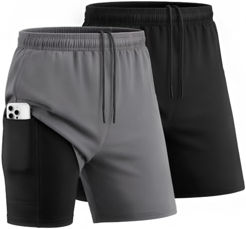Men 2 in 1 Compression Athletic Running Shorts 2Pack-Zipper Pocket