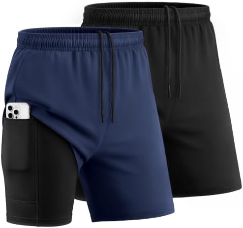 Men 2 in 1 Compression Athletic Running Shorts 2Pack-Zipper Pocket