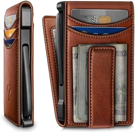 Men Slim Leather Wallet Metal Case Money Clip-Magnetic Closure