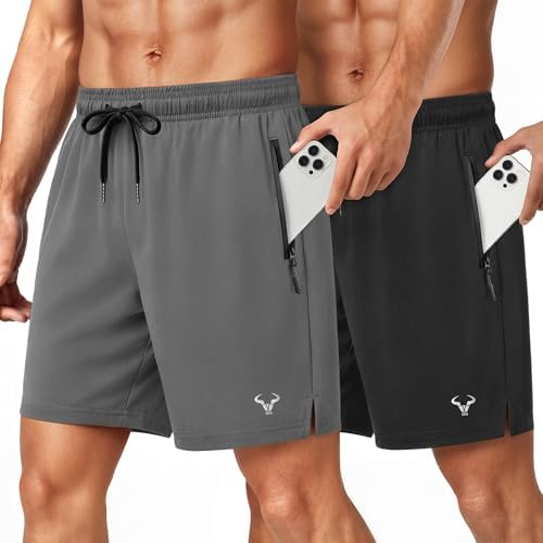 Men Stretch Athletic Running Gym Shorts 2Pack-Zipper Pocket