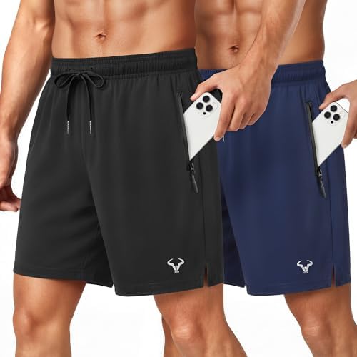 Men Stretch Athletic Running Gym Shorts 2Pack-Zipper Pocket