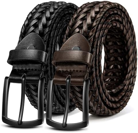 Men's Braided Woven Leather Belt 2Pack 1 3/8″