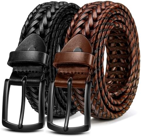 Men's Braided Woven Leather Belt 2Pack 1 3/8″
