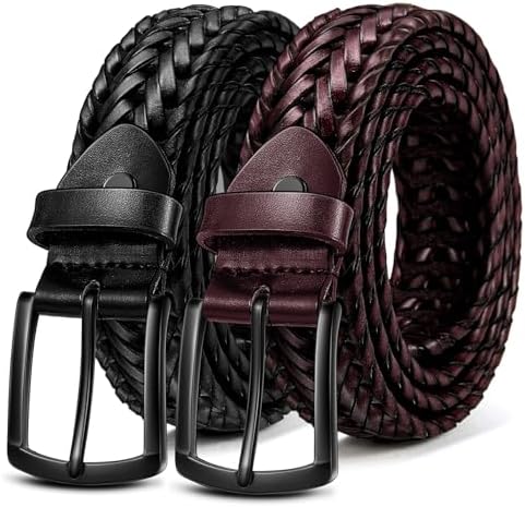Men's Braided Woven Leather Belt 2Pack 1 3/8″